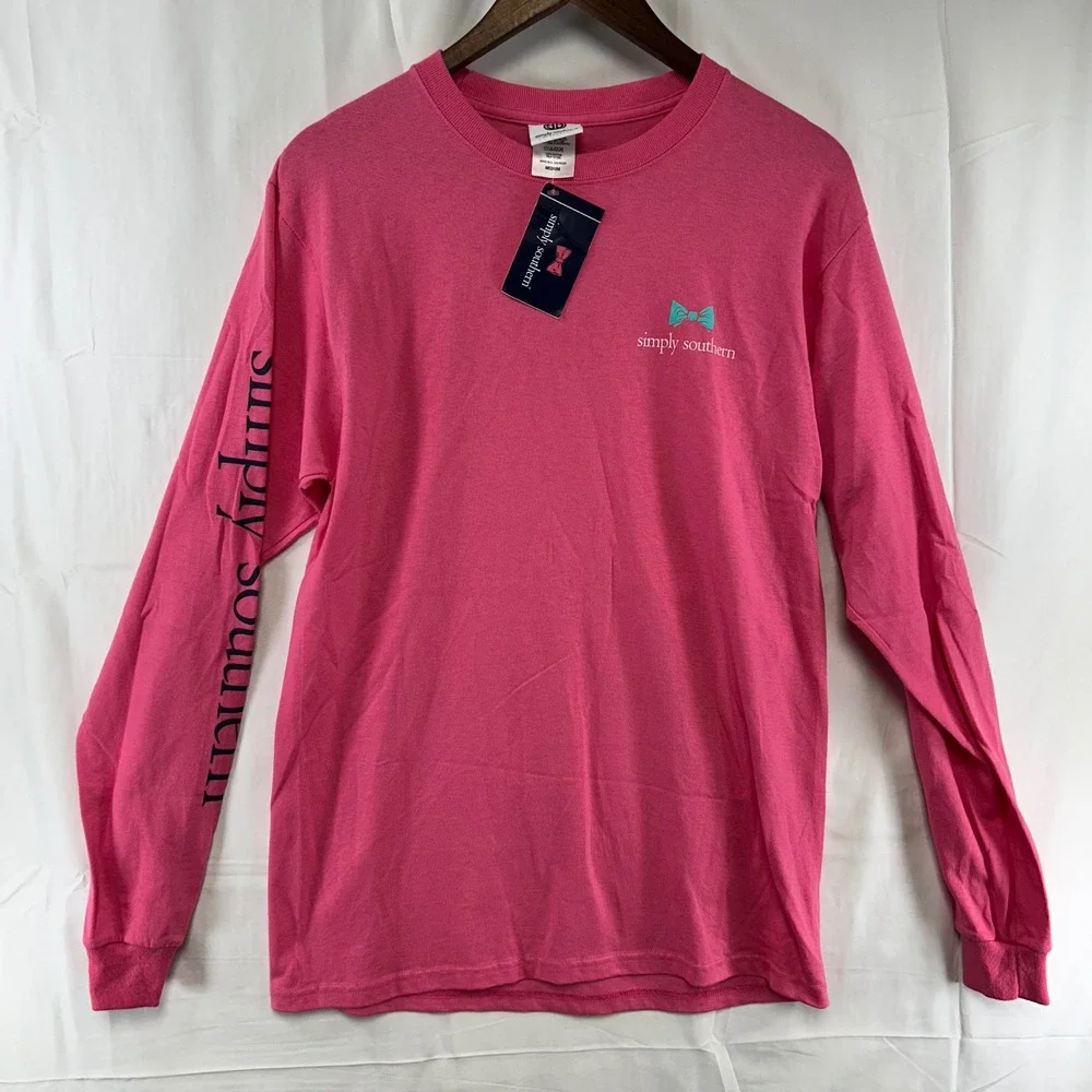 Simply Southern Long Sleeve T-Shirt Women Medium Pink Golden Retriever Puppy NWT